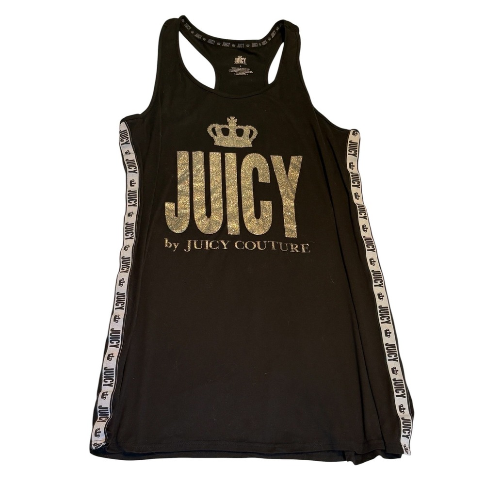 Juicy Couture Tank Top Womens L Black Silver Glitter Logo Side Tape Racerback